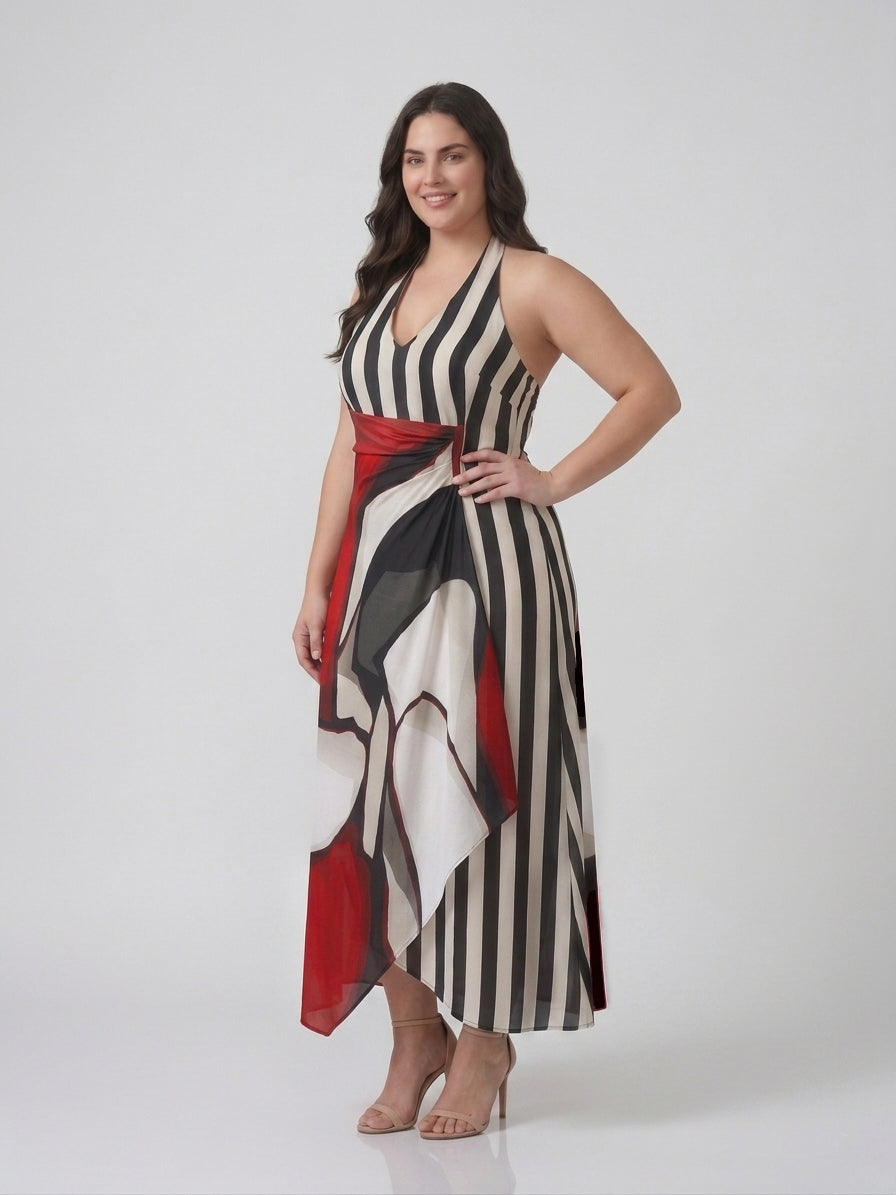 Bold monochrome striped plus-size maxi dress with a crimson red abstract panel