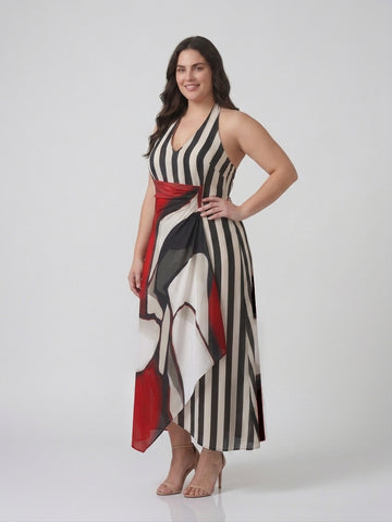 Bold monochrome striped plus-size maxi dress with a crimson red abstract panel