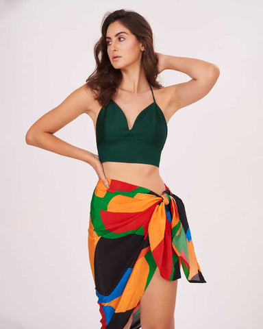 Crepe crop top and sarong wrap set with tie-up detailing, ideal for poolside lounging and tropical getaways