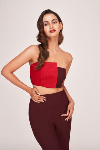 Off-shoulder tube top with front closure and double-colour front flap detailing