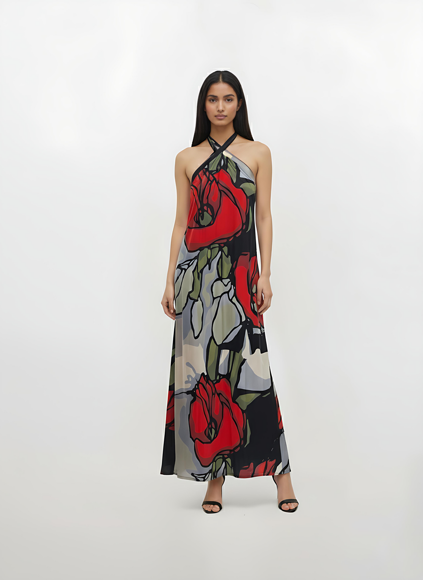 Crepe halter-neck maxi dress with a crossover neckline, straight-fit silhouette, and oversized floral-inspired abstract print in crimson red, black, grey, and sage green.
