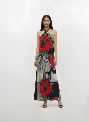 Crepe halter-neck maxi dress with a crossover neckline, straight-fit silhouette, and oversized floral-inspired abstract print in crimson red, black, grey, and sage green.
