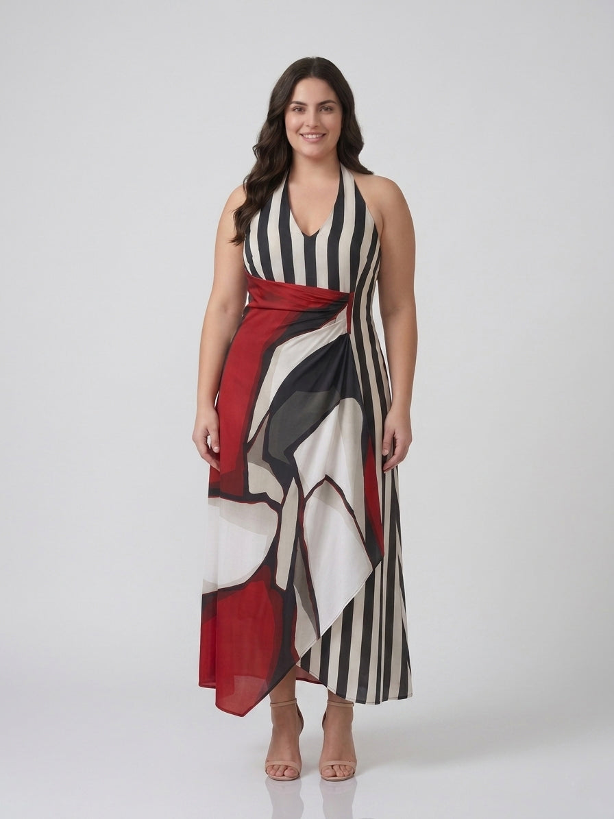 Woman in a plus-size A-line maxi dress with a fitted, softly draped waist, sized up to 7XL