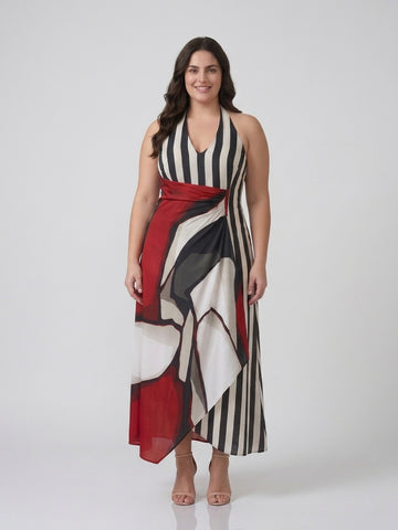 Woman in a plus-size A-line maxi dress with a fitted, softly draped waist, sized up to 7XL