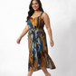 Curve fit chinon midi dress with geometric print, structured bodice and flowy silhouette