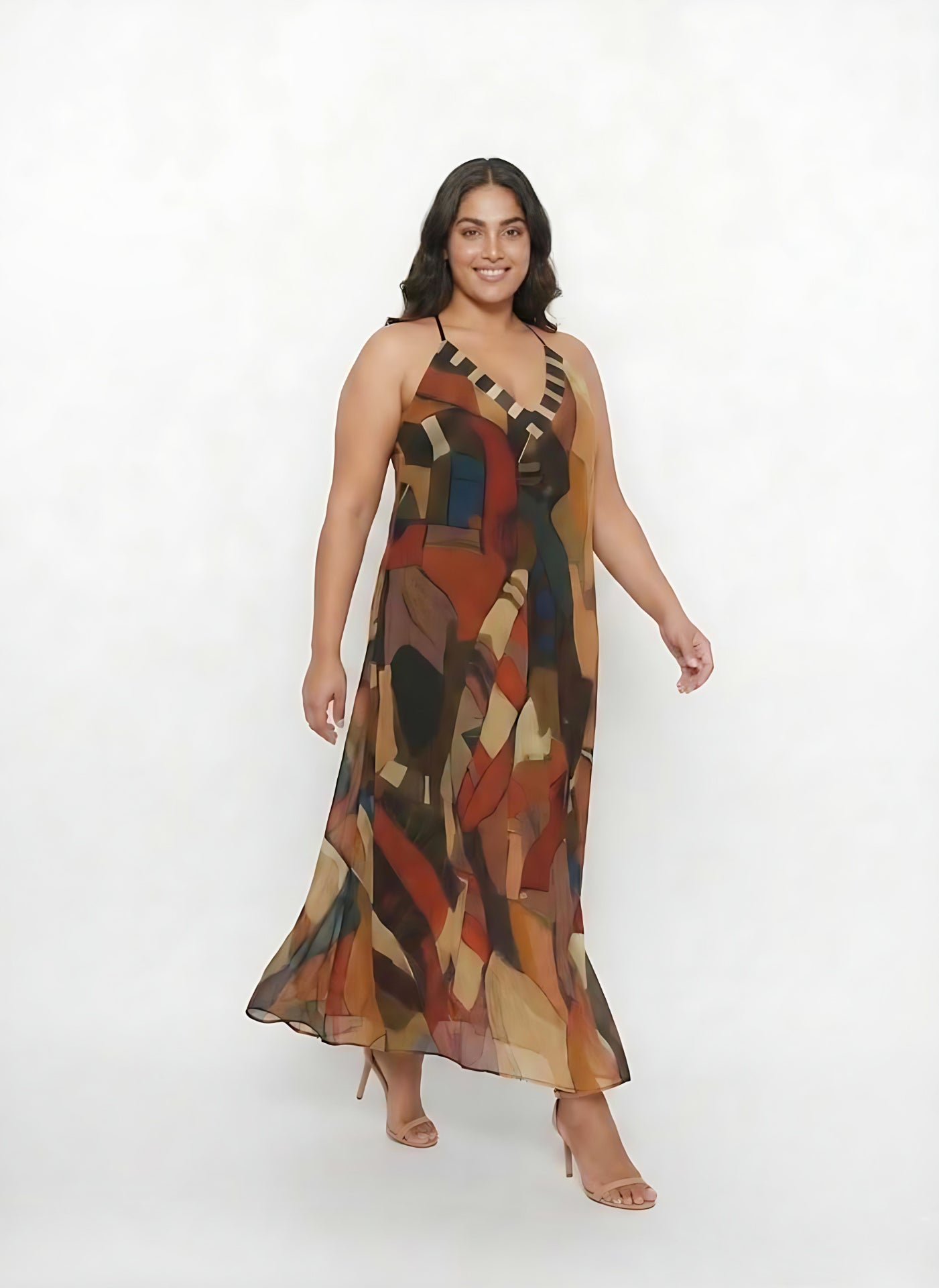 Curve fit chinon blend maxi dress with an A-line silhouette for a balanced, elongated look
