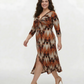Curve fit chinon dress with a gathered bust and ruched waistline, designed to define and flatter the silhouette