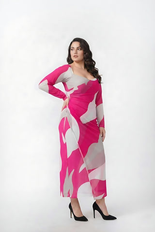 Curve fit chinon dress with a knot front detail and long sleeves for a balanced look
