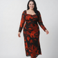 Curve fit chinon dress with an overlapped neckline, designed to flatter the upper body and create a balanced shape