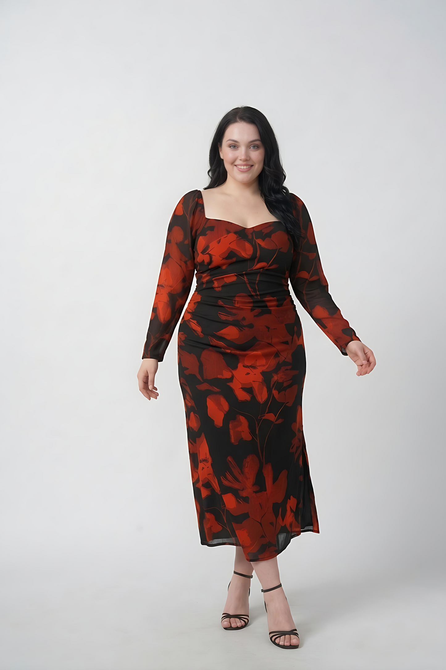 Curve fit chinon dress with an overlapped neckline, designed to flatter the upper body and create a balanced shape