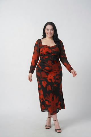 Curve fit chinon dress with an overlapped neckline, designed to flatter the upper body and create a balanced shape