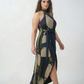 Curve fit crepe dress with a one-shoulder halter neckline and wrap style, designed to define the waist and flatter the shape