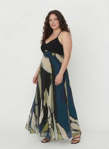 Curve fit crepe dress with a halter neckline and adjustable tie-back, designed for a comfortable and flattering fit