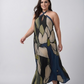 Curve fit crepe dress with a halter neckline and adjustable tie-back, designed to create a balanced and flattering shape