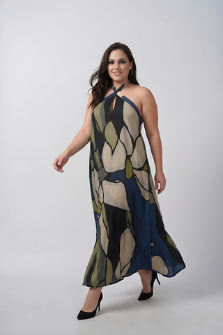 Curve fit crepe dress with a halter neckline and adjustable tie-back, designed to create a balanced and flattering shape