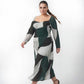 Curve fit crepe dress with a square neckline and full sleeves, designed to flatter the upper body and provide comfortable coverage