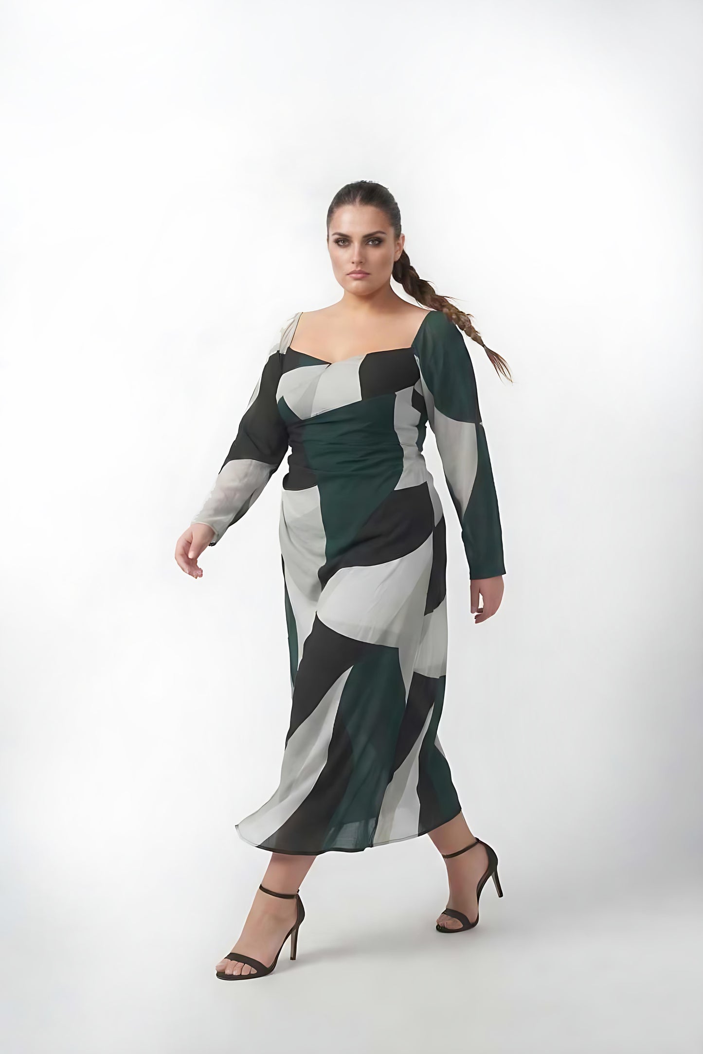 Curve fit crepe dress with a square neckline and full sleeves, designed to flatter the upper body and provide comfortable coverage