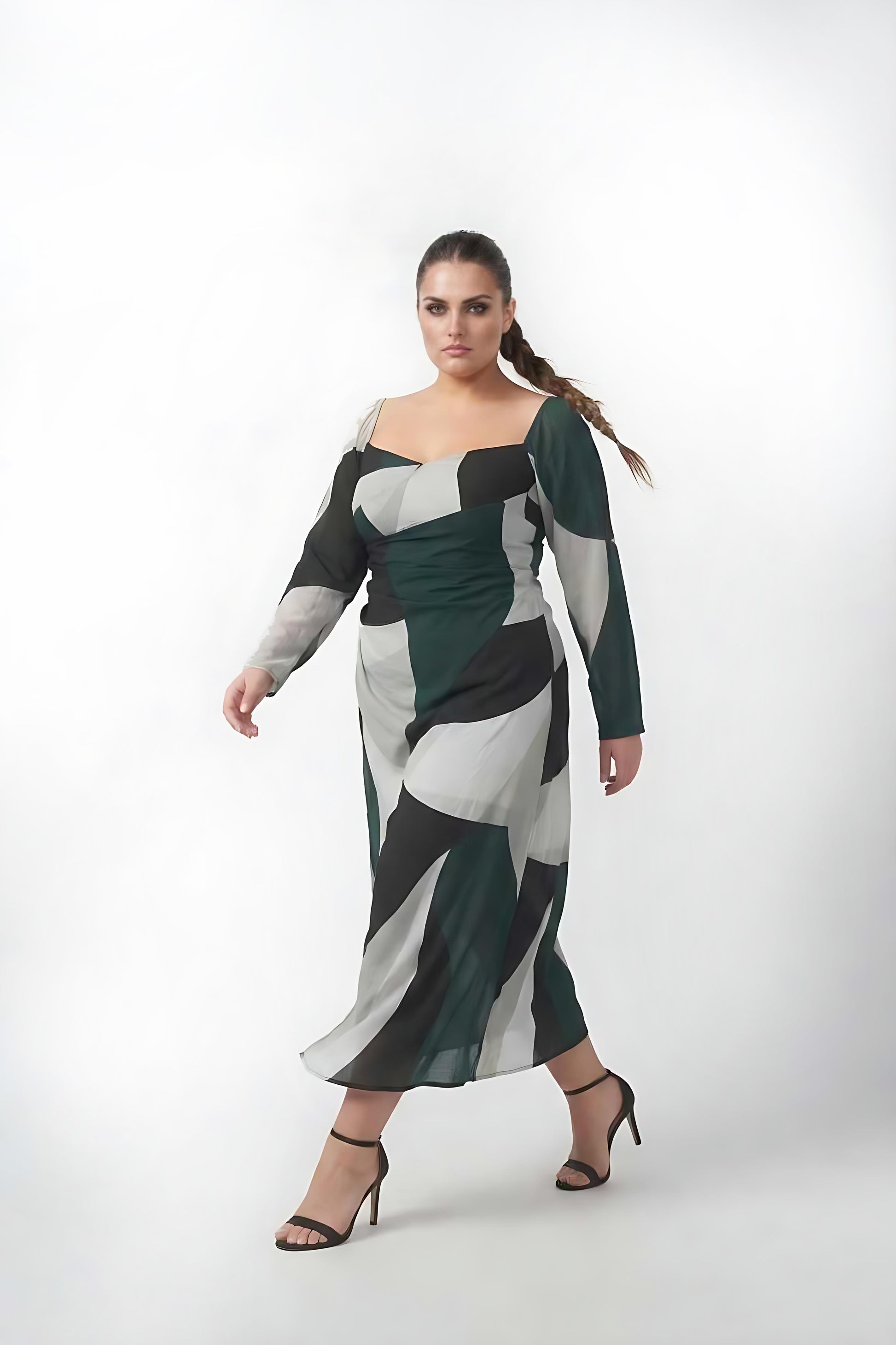 Curve fit crepe dress with a square neckline and full sleeves, designed to flatter the upper body and provide comfortable coverage