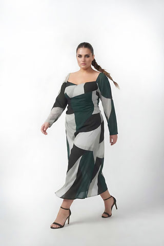 Curve fit crepe dress with a square neckline and full sleeves, designed to flatter the upper body and provide comfortable coverage