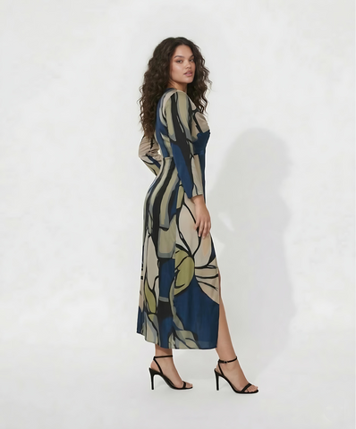 Curve fit crepe dress with a V-neck and twist-front detail, designed to define the waist and flatter the silhouette