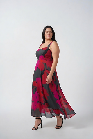 Curve fit floral chinon midi dress with a soft, airy drape, ideal for daytime events and gatherings