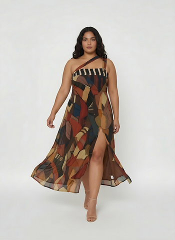 Curve fit maxi dress with a diagonal strap and fitted bodice, designed to create an elongating and balanced silhouette