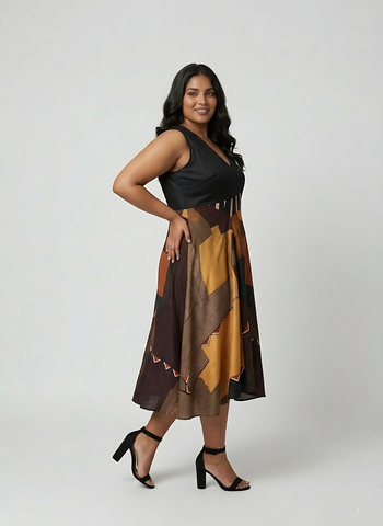 Curve fit modal satin dress with a structured black bodice and patchwork-inspired abstract skirt