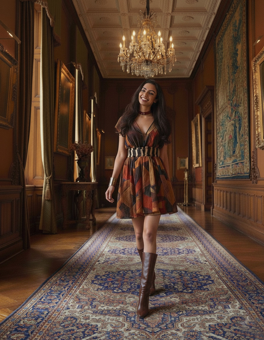 Multi-colored abstract geometric print in warm earth tones of rust, ochre, and deep teal, accented by sharp black lines throughout the bodice and skirt.