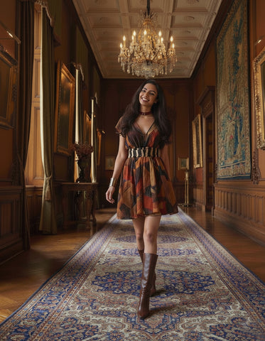 Multi-colored abstract geometric print in warm earth tones of rust, ochre, and deep teal, accented by sharp black lines throughout the bodice and skirt.