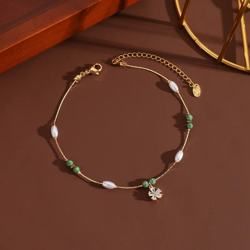 Five-Leaf Flower Anklet – Olive Green
