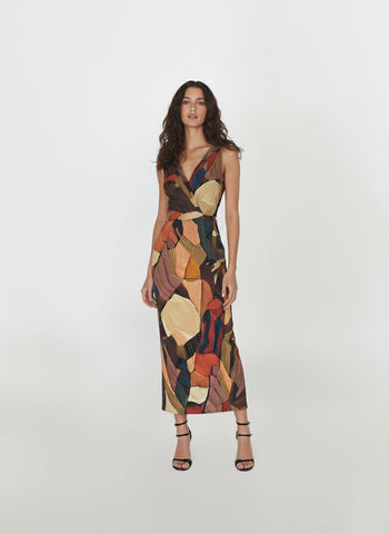 Sleeveless deep V-neck Chinon maxi dress with an abstract mosaic-inspired print, ideal for resort escapes, artful events, or relaxed evening occasions.