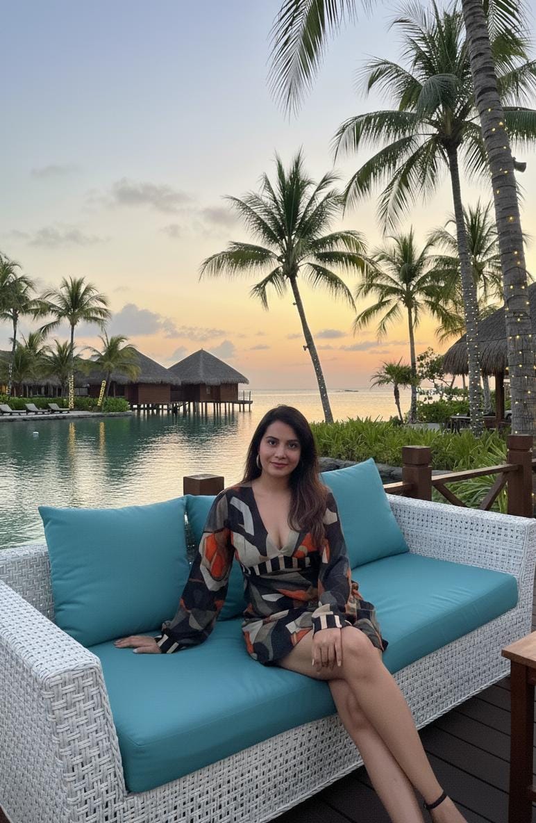 Mini dress with a deep V-neckline, long billowing sleeves, and a multicolored abstract print in earthy and vibrant tones