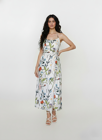 Ankle-length floral halter dress with airy chinon fabric, perfect for elevated occasions and graceful celebrations