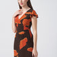 Orange and brown abstract print ankle-length dress with ruffle sleeves, suitable for formal gatherings and garden parties