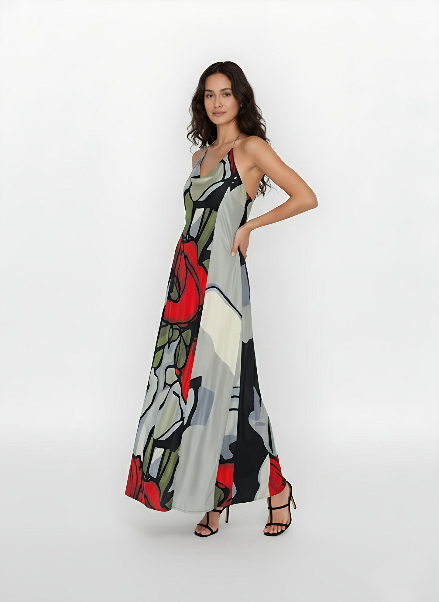 Backless floral halter maxi dress with a bold red rose print, perfect for showing off at a summer wedding, formal gala, or an elegant dinner date.
