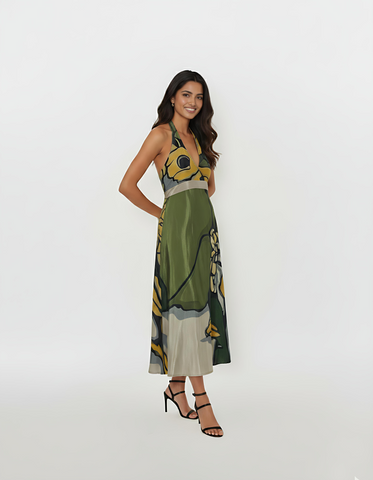 Sleeveless A-line dress designed with thin spaghetti-style halter straps and a straight-cut neckline for a clean, minimalist bodice.