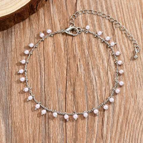 Dainty imitation silver pearl drop anklet. Perfect for beach weddings, cruises, or everyday seaside style.