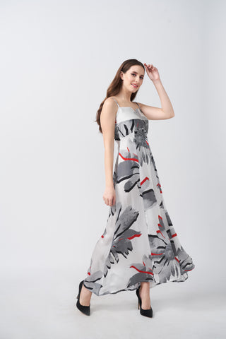 Spaghetti-strap floral satin ankle-length dress with red accents, ideal for elegant occasions and evening affairs