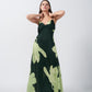 Green floral satin ankle-length dress with ruched detailing, suitable for upscale occasions and formal events