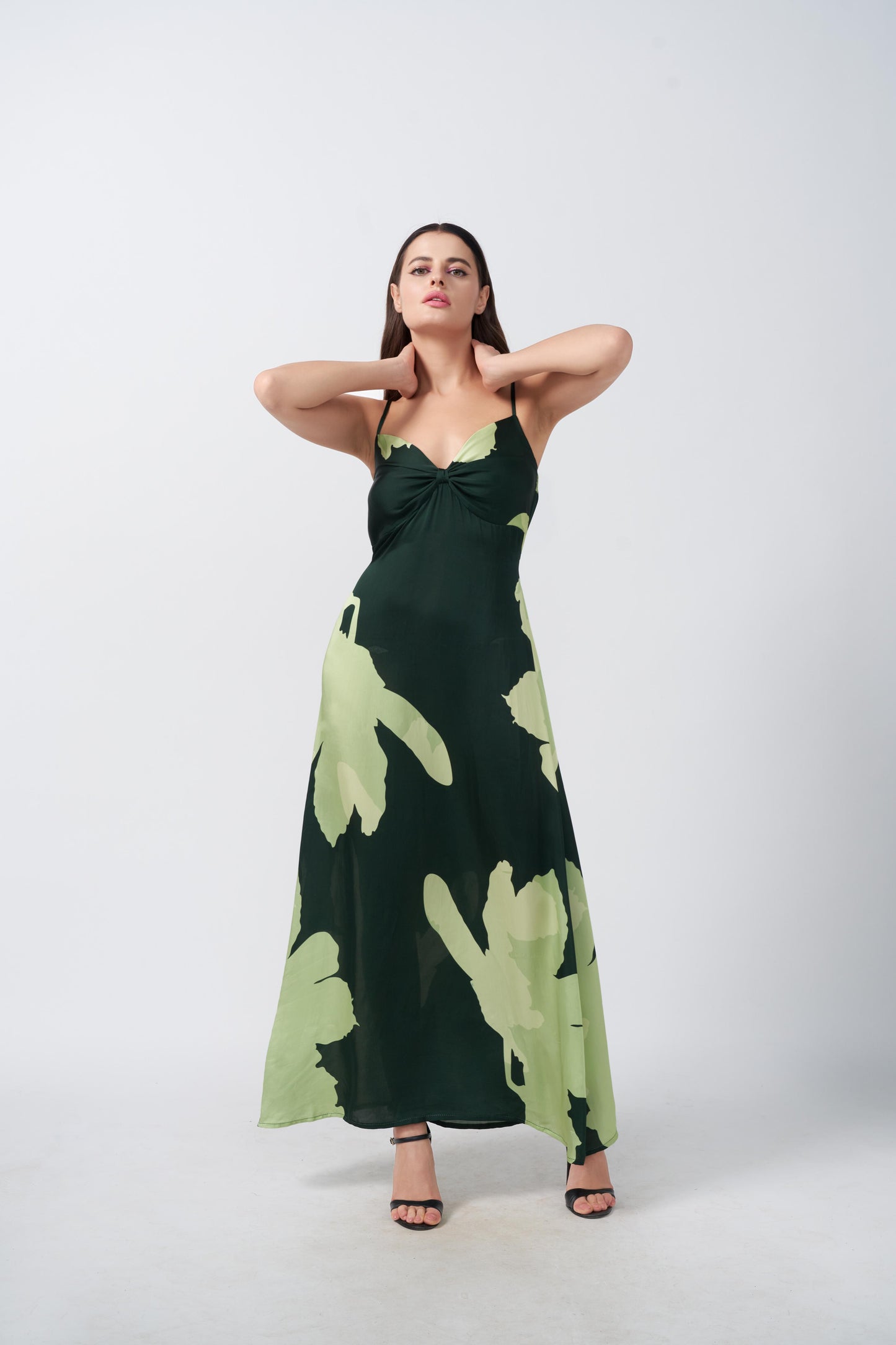 Green floral satin ankle-length dress with ruched detailing, suitable for upscale occasions and formal events
