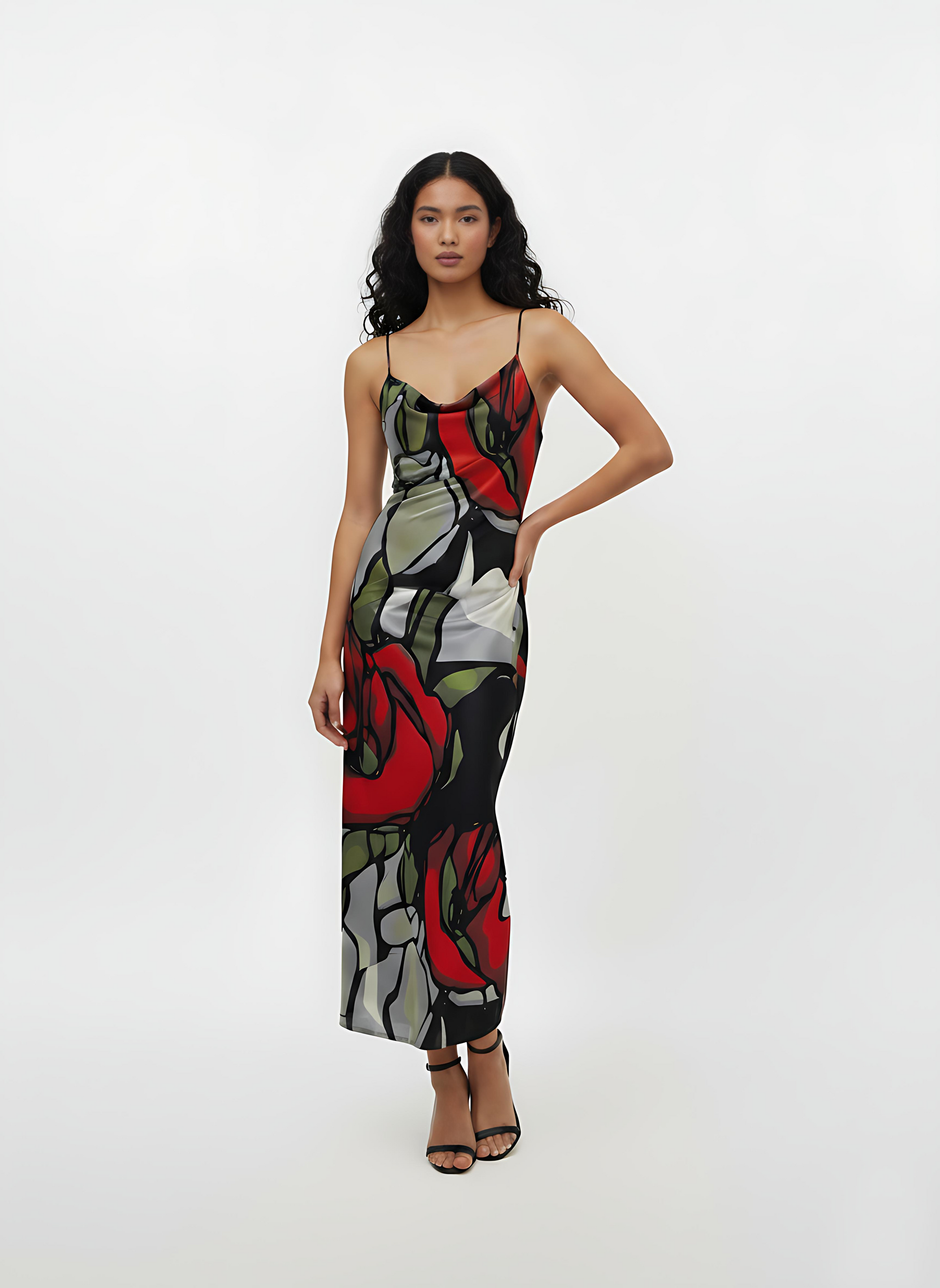 Crepe midi slip dress with a cowl neckline, spaghetti straps, and floral abstract print
