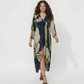 Extended size abstract crepe full-length dress, perfect for parties, celebrations, and evening occasions