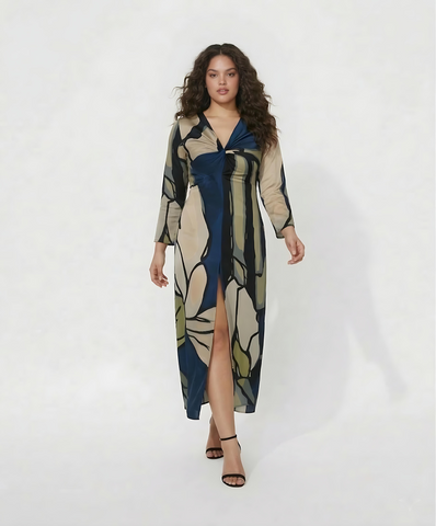 Extended size abstract crepe full-length dress, perfect for parties, celebrations, and evening occasions