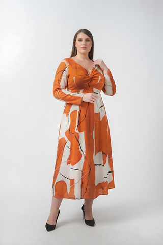 Extended size abstract print midi dress, perfect for parties, dinners, and special occasions