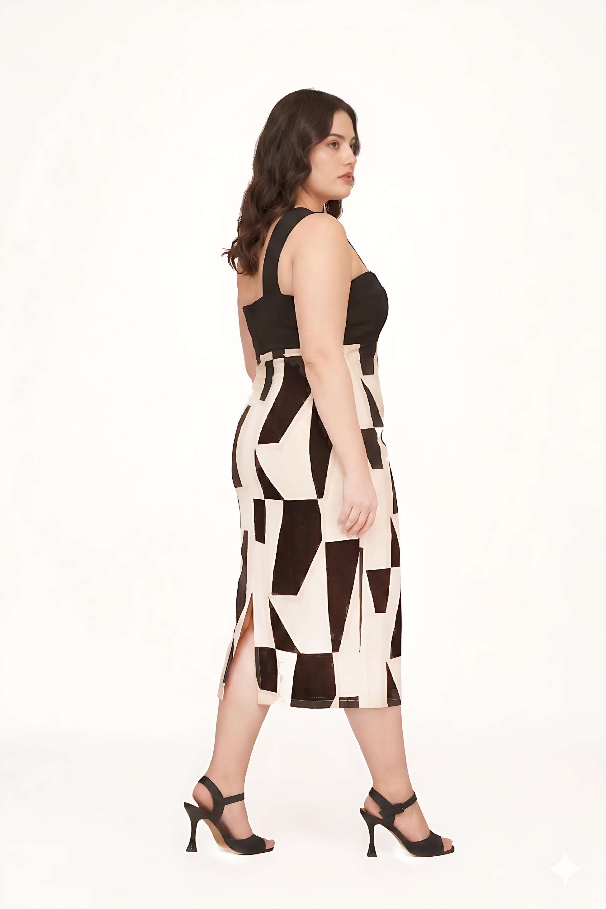 Extended size abstract silk midi dress, perfect for cocktail evenings and dinner occasions