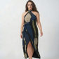 Extended size floral crepe wrap dress with an asymmetric hem, perfect for parties, resort evenings, and special occasions. 