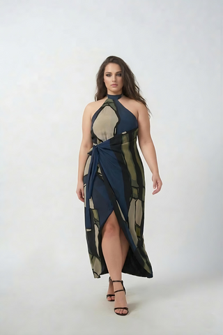 Extended size floral crepe wrap dress with an asymmetric hem, perfect for parties, resort evenings, and special occasions. 