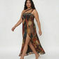 Extended size patchwork maxi dress in an earthy palette, perfect for cocktail parties, resort evenings, and celebrations