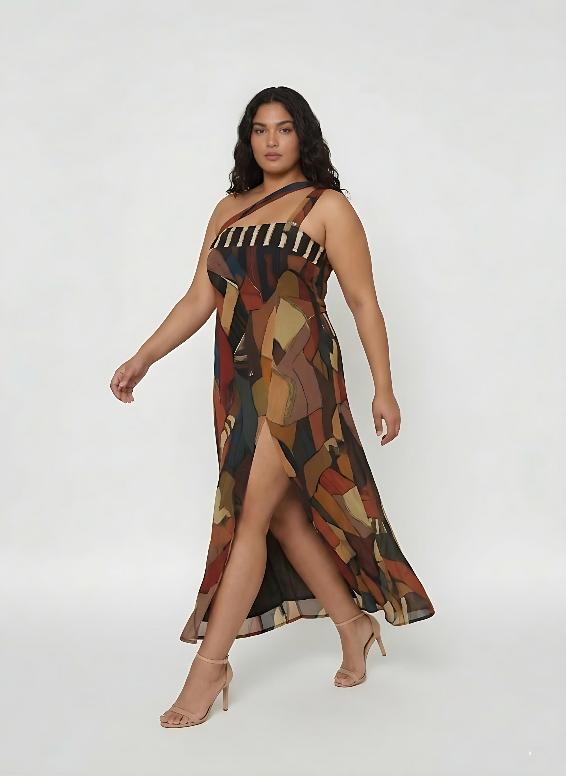 Extended size patchwork maxi dress in an earthy palette, perfect for cocktail parties, resort evenings, and celebrations