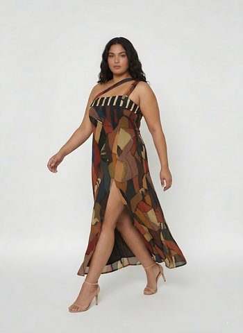 Extended size patchwork maxi dress in an earthy palette, perfect for cocktail parties, resort evenings, and celebrations